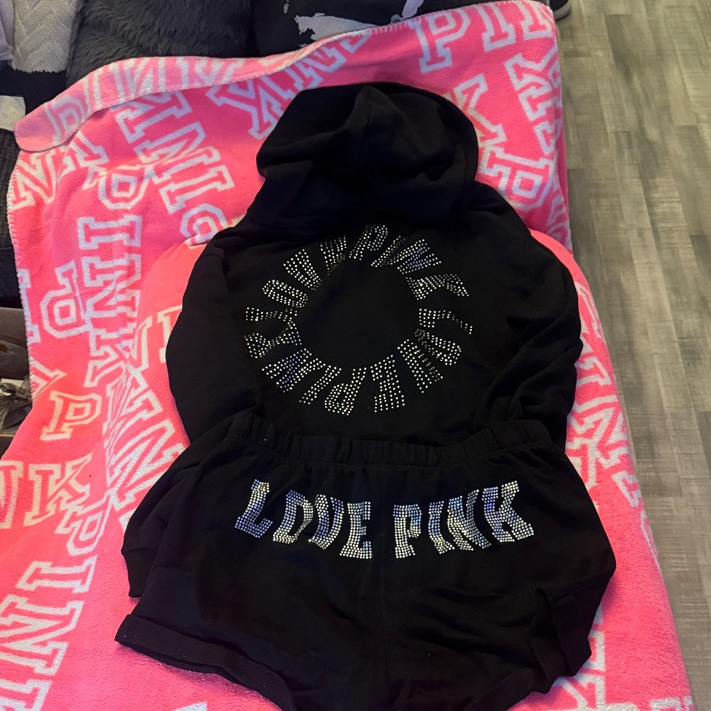 PINK Victoria's Secret Black Hoodie and Shorts Set